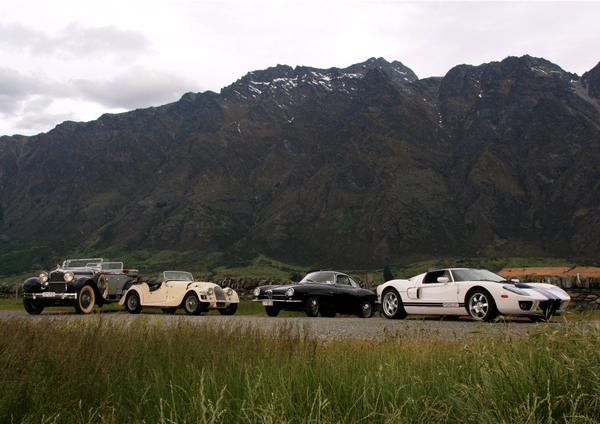 L-R the Stutz BB Blackhawk 1928, Morgan Supersports 1961, Alfa SS 1960 & Ford GT 2005  